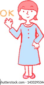 This is a full-length illustration of a woman in a one-piece dress that expresses emotions.