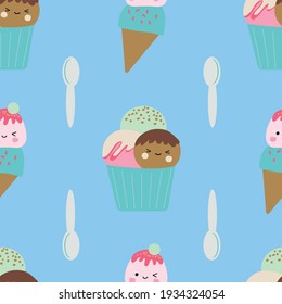 "This fun and cheerful kawaii pattern is filled with cute and colorful cakes and ice cream with adorable smiles. This print is part of my Sweets are Sweet collection. 