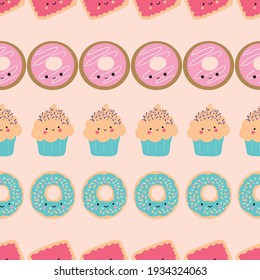 "Este divertido y alegre patrón kawaii está lleno de dulces y coloridos pasteles y helados con sonrisas adorables. Esta impresión es parte de mi colección Sweets are Sweet. 
