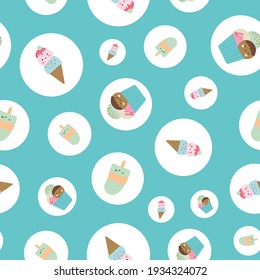 "This fun and cheerful kawaii pattern is filled with cute and colorful cakes and ice cream with adorable smiles. This print is part of my Sweets are Sweet collection. 