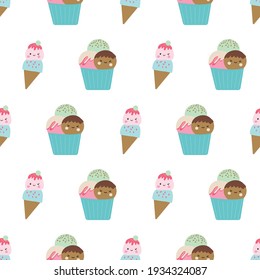 "This fun and cheerful kawaii pattern is filled with cute and colorful cakes and ice cream with adorable smiles. This print is part of my Sweets are Sweet collection. 