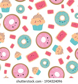 "This fun and cheerful kawaii pattern is filled with cute and colorful cakes and ice cream with adorable smiles. This print is part of my Sweets are Sweet collection. 