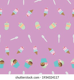 "This fun and cheerful kawaii pattern is filled with cute and colorful cakes and ice cream with adorable smiles. This print is part of my Sweets are Sweet collection. 