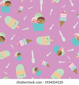 "This fun and cheerful kawaii pattern is filled with cute and colorful cakes and ice cream with adorable smiles. This print is part of my Sweets are Sweet collection. 