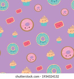 "This fun and cheerful kawaii pattern is filled with cute and colorful cakes and ice cream with adorable smiles. This print is part of my Sweets are Sweet collection. 