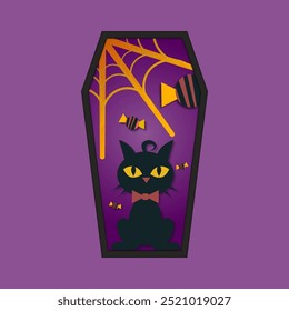 In this fun and eerie Halloween-inspired scene, a black cat with piercing yellow eyes sits confidently inside a coffin-shaped frame. 