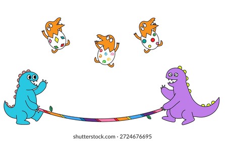 Dies ist eine lustige Illustration von Dinosauriern, die mit überspringendem Seil spielen und einem Baby-Dinosaurier, der herumspringt.