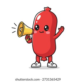 Esta divertida ilustración presenta un personaje de salchicha de dibujos animados que sostiene un megáfono. Perfecto para diseños relacionados con la promoción de alimentos, diseño de personajes y materiales de marketing humorístico. La salchicha está representada en un estilo lindo y amigable.