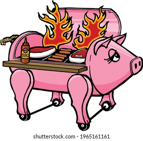 This fun illustration features a smoker in the shape of a hog. 