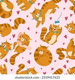 This fun and playful pattern showcases a delightful ensemble of adorable cartoon cats, hearts, and smiles