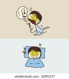 This is a funny cartoon without storyline. The 1st frame simply showing that the kid is having hard time in singing while the 2nd frame showing the kid is fall sick lying on the bed