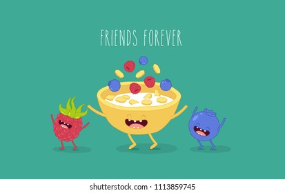 This is funny cornflakes on the yellow bowl with are blubbery and raspberry. You can use for cards, fridge magnets, stickers, posters.