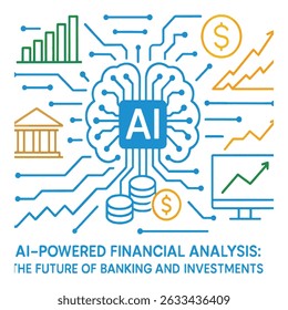 This futuristic image showcases AI-driven financial analysis, featuring a brain-like AI structure, data charts, coins, and banking elements, symbolizing the intelligent transformation of finance