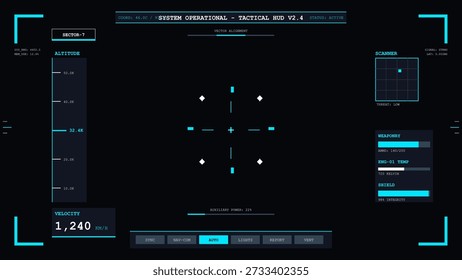 This futuristic tactical head-up display screen shows operational system data, including velocity, altitude, and weaponry status, on a dark background.