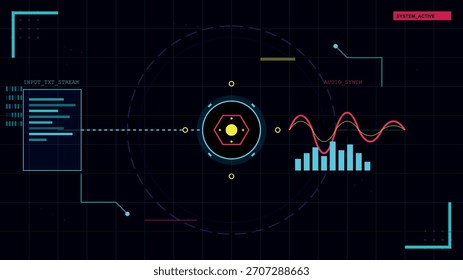 This futuristic vector illustration depicts a complex digital user interface screen visualizing data processing streams and audio synthesis.