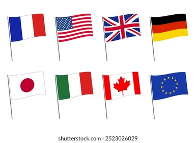 Das ist das G7-Flaggenset - Frankreich, Amerika, Großbritannien, Deutschland, Japan, Italien, Kanada und die EU-Flagge.