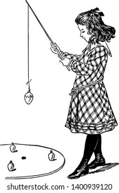 This is a game of Angling for Easter eggs. The endeavour of each player is to insert his hook through the ribbon loop on one of the eggs and lift it out of the ring vintage line drawing or engraving