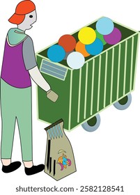 This garbage truck illustration with a boy pushing it is a powerful representation of youth engagement, waste disposal responsibility, and eco-friendly habits, making it suitable for various ----