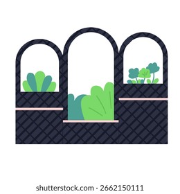 Dieser Gartenpflanzer verfügt über drei elegante Bögen mit üppigen grünen Kräutern und Pflanzen gefüllt, entworfen, um städtische Gartenarbeit zu verbessern. Es unterstreicht eine saubere und moderne Ästhetik, geeignet für kleine Räume.