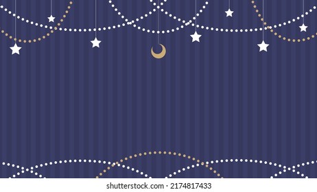 This is a garland background illustration of a moon, stars and lights floating on a striped background.