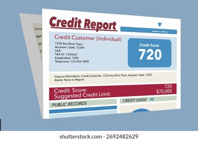 This is a generic, mock, credit report. This is a 3-D  illustration. 