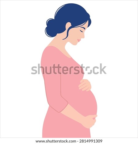 This gentle flat vector illustration depicts a serene pregnant woman with hair in a bun, wearing a pink dress and cradling her pregnancy baby bump.
