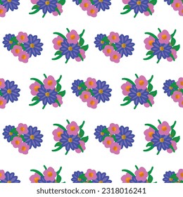 This geometric design in horizontal stripes is created with bouquets of pink flowers and blue and purple daisies on a white background.