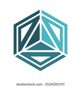 Este diseño geométrico es un logotipo plano simple de un triángulo dentro de una forma hexagonal en color aguamarina sobre un fondo blanco