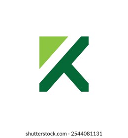 Este é um design de logotipo geométrico de uma letra maiúscula K com uma seta acima na cor verde