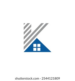 Este é um design de logotipo geométrico de uma letra maiúscula K com uma casa em cinza e azul para empresas imobiliárias