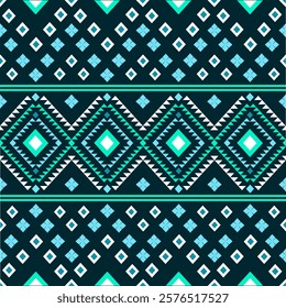 This geometric pattern features a dynamic, monochrome design with repeating triangular shapes in shades of blue, green, and white. 