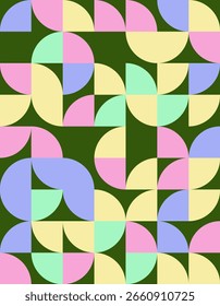 This geometric pattern features soft pastel colors and circular shapes, drawing inspiration from Bauhaus design. Perfect for modern decor and creative projects.