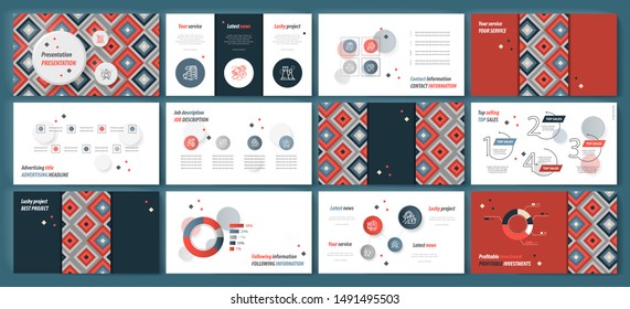 This geometric template is the best as a business presentation, used in marketing and advertising, flyer and banner, the annual report. Grey and red embroidery on a dark grey background
