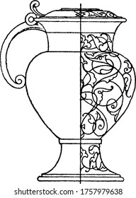 This German Lip-Spout Pitcher is an ancient design. The round compartment of the half body is fantastically adorned with figures, vintage line drawing or engraving illustration.