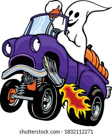 This ghost is hauling some serious pumpkins around the patch.  This illustration features a ghost driving a classic truck with pumpkins in the back. 