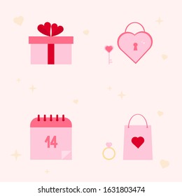 This is gift box, calendar, ring, key, lock, package on light background. Cute vector objects.