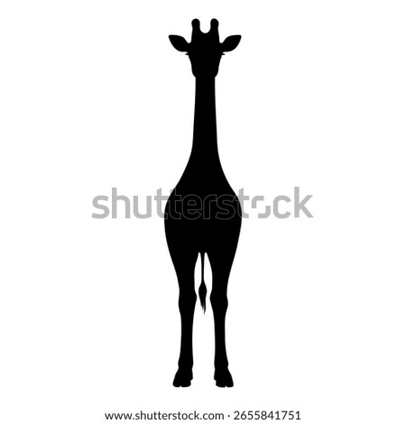 This giraffe silhouette shows a front view of a giraffe standing tall. The giraffe silhouette is facing forward with its long neck reaching up high. You can see the giraffe silhouette.