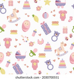 This is a girl. Children's pattern with children's toys, objects. Seamless background with baby things. Design of fabrics, textiles, wallpaper, packaging, Decoration for the nursery.