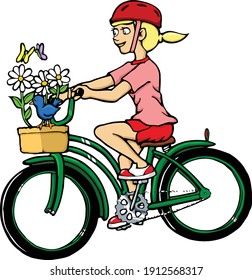 This girl is enjoying a bike ride on a fun spring day.  This illustration features a girl riding her bike with a bluebird, butterflies and daises. 