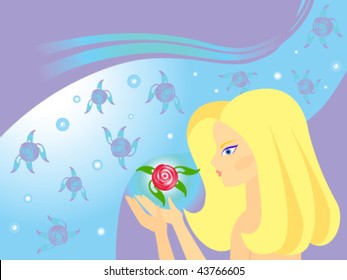 This is a girl with a flower. Backdrop of violet and blue.
