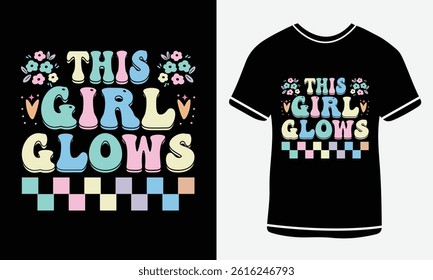 This girl glows t shirt, retro wavy groovy vintage repeat text typography art with peach background, groovy t shirt design, groovy art. Retro vintage inspirational quote and flowers.