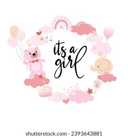 This is a girl, the inscription is written in calligraphic font and decorated with a pacifier rattle, a bear, an elephant, clouds, a ball, a rainbow, a cake, and a crown. Gender party concept. Vector 