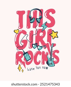 this girl rocks slogan with rock cartoon icons vector illustration