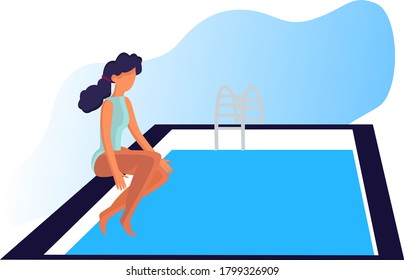 This girl is sitting by the pool. African-American girl wetting her feet in the pool.