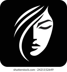 This girl, women or female logo art is a minimalist and elegant representation of a face. Rendered in stark black and white, the design offers a striking contrast that highlights the facial features. 