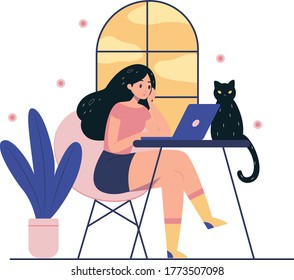 This girl work at home with her cat
