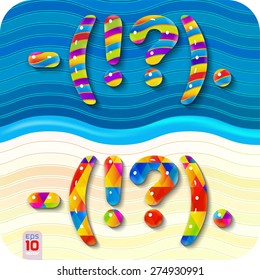 This glossy, multicolored letters. They are contained within the texture of diamonds and waves. A set of punctuation - dashes , parentheses , exclamation mark , question , point.