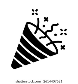 This glyph icon showing a cap throwing confetti streamers