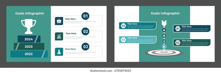 Esta Plantilla de infografía de objetivos presenta una línea de tiempo con un trofeo y un objetivo con pasos que muestran el crecimiento planificado y el éxito de un negocio en colores verde azulado.