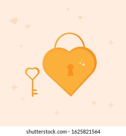 This is gold key and padlock on light background. Valentine’s Day element. Cute card.